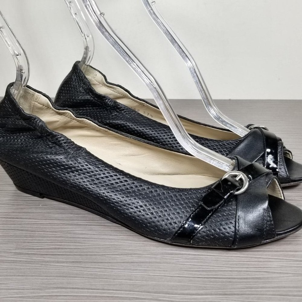 AGL Peep Toe Wedge Pump, Black Perforated Leather, Womens Size 7.5 US / 37.5 - Picture 3 of 12